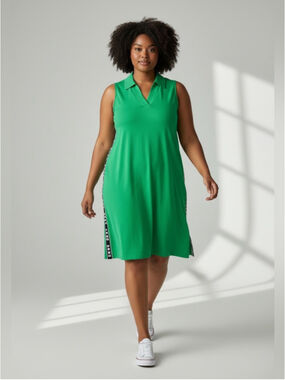 DKNY Vibrant Green Sleeveless Collared Polo Dress with Logo Trim